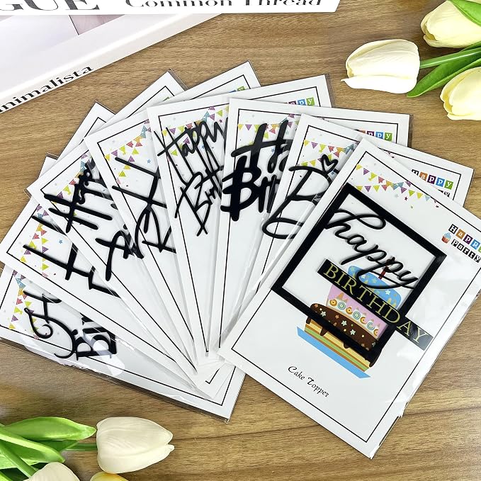 24 PCS Black Happy Birthday Cake Toppers Mirror Acrylic Side Cake Decorations 8 Styles