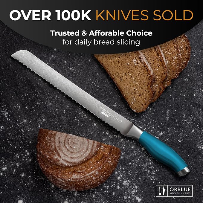 Orblue Serrated Bread Knife with 10-inch Upgraded Stainless Steel Razor Sharp Wavy Edge Width - Bread Cutter Ideal for Slicing Homemade Bagels and Cake (Lake Blue)