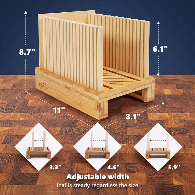 Albert & Grace Adjustable Bread Slicer – Premium Cross-Laminated Bamboo, High 6.1” Guides, 3 Width Settings, 2 Slice Thicknesses – Folds Flat – Perfect for Sourdough, Homemade Loaves & Bagels