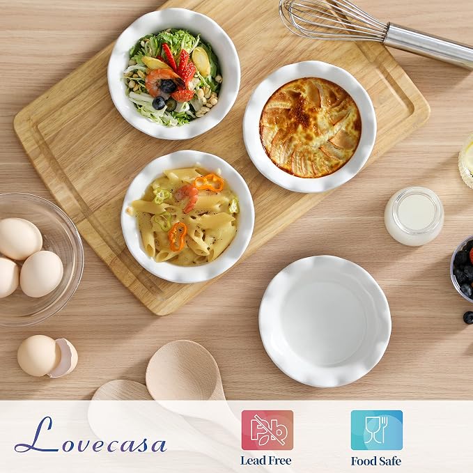 LOVECASA Ceramic Mini Pie Pans Set of 6-5.5 Inch Oven Safe Small Pie Dishes, Nonstick Mini Pot Pie Baking Tins for Chicken Pot Pie, Tarts, Quiches & Desserts, Stackable Ruffled Rims, White