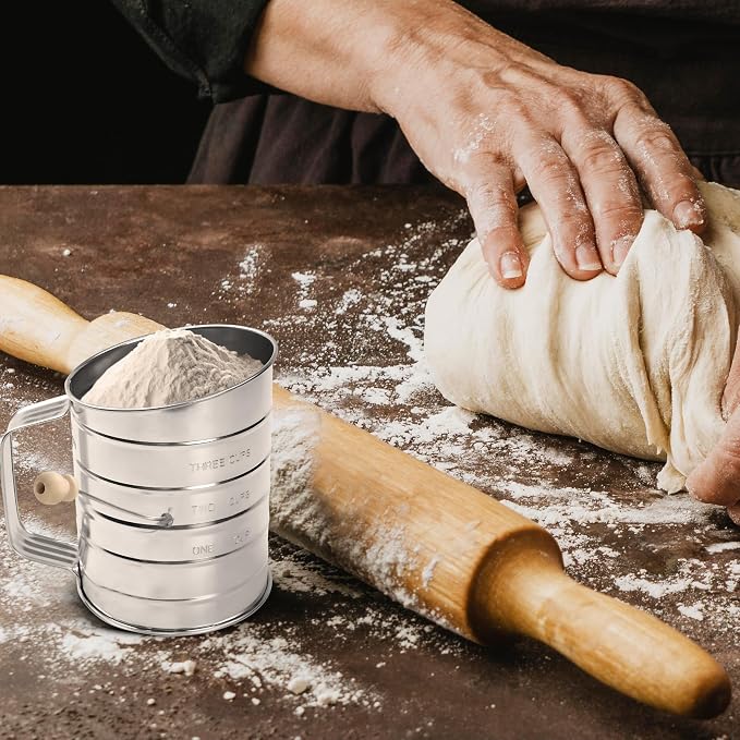 3 Cup Flour Sifter for Baking Fine Mesh Rotary Hand Crank with Loop Agitator for Quick Sifting, Flour Sifter Powered Sugar Stainless Steel 2 Wire Agitator