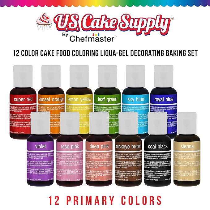 U.S. Cake Supply 12 Color Cake Food Coloring Liqua-Gel Decorating Set - .75 fl. Oz. (20ml) Bottles Primary Colors