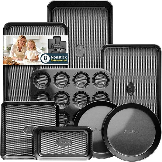 Nonstick Baking Pans Set, 8-Piece Stackable Bakeware Sets, Non-Toxic Oven Pan Set, Includes Baking Sheet, Cake Pan, Muffin Pan, Loaf Pan, Square Pan, Cookie Sheet & Roasting Pan, Black