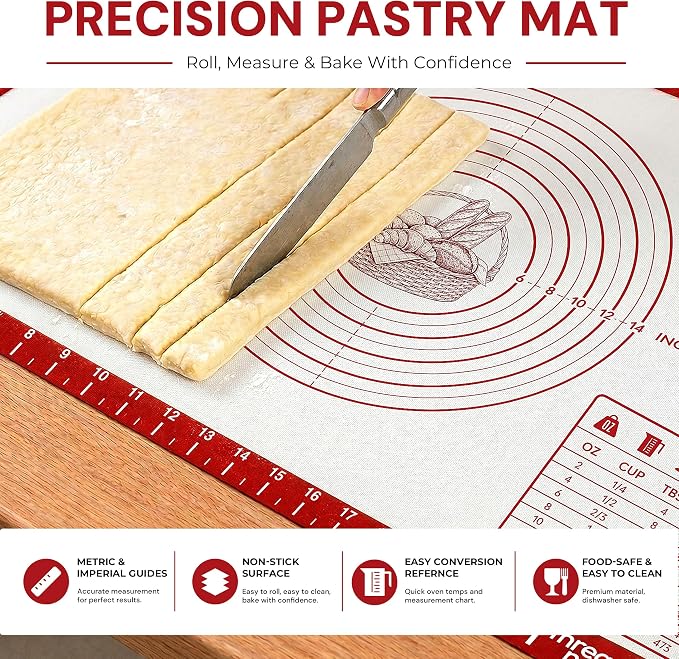 XL Silicone Pastry Mat for Baking, Extra Large 28x20 in, Non-Stick & Non-Slip Dough Mat for Rolling Out with Measurements, Bread, Pizza, Pie Crust, Cookies, Fondant,Oven Safe, Dishwasher Safe (Red)