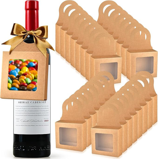 Mototo 30 PCS Kraft Paper Wine Bottle Boxes with Transparent Window Hanger Foldable Wine Bottle Empty Gift Boxes with Hanger for Valentines Christmas Candy Truffles Chocolate Cookies Packing, Kraft