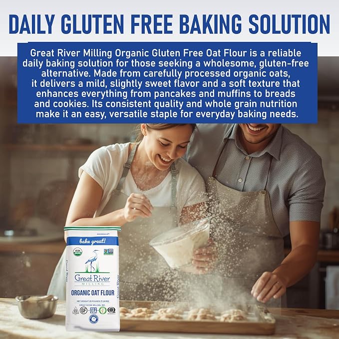 Great River Milling Organic Oat Flour | Gluten Free Whole Grain Flour | Non-GMO, Kosher, Vegan Certified | Naturally Sweet Flavor for Pancakes, Muffins, Cookies & Baking Blends | 25 Lb