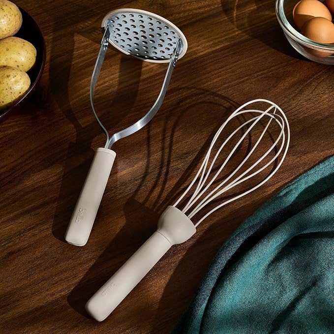 bella 2 Piece Compact Masher and Whisk Set, Fold Flat, Stainless steel and silicone, Foldable Masher, Ballon Whisk, Flat Whisk, Non-stick, Nonslip, Heat safe to 425°F, Slate