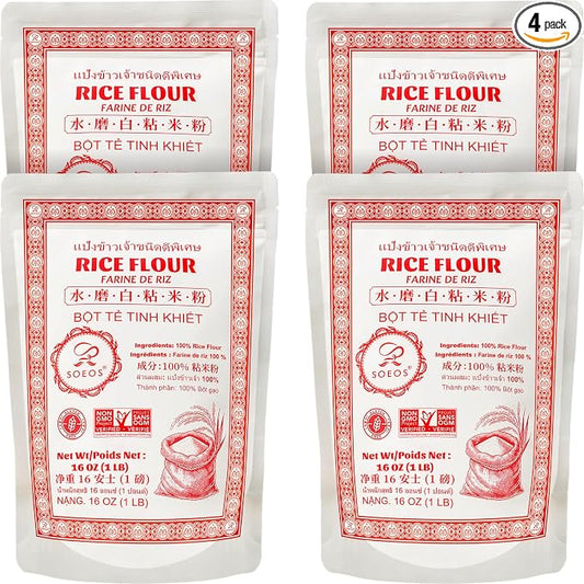 Soeos Rice Flour 16 Ounce (Pack of 4), Rice Flour for Baking or Cooking with Resealable Bag, Ideal for Mochi, Noodles, Dumplings & Desserts, Smooth Texture