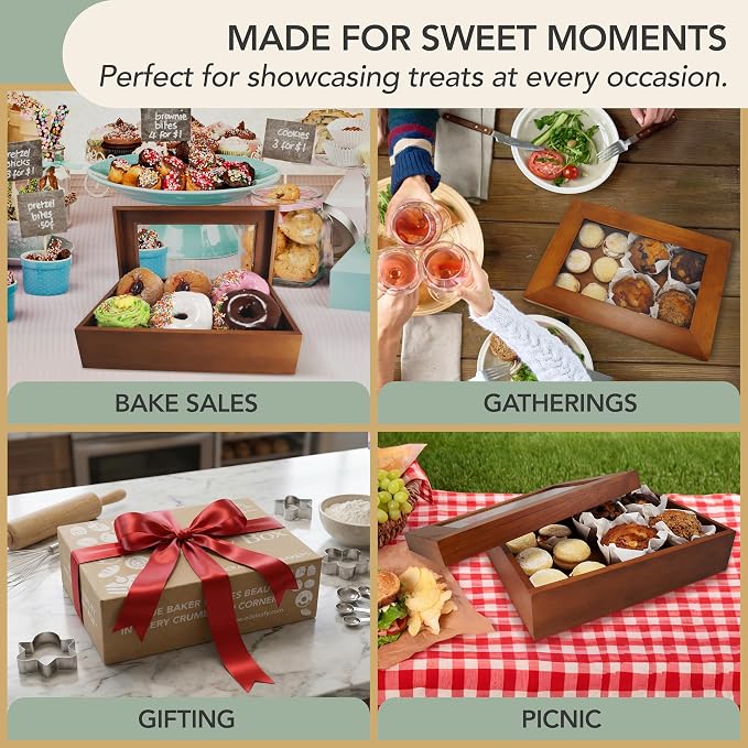 Wooden Bakery Box with Window - 12x8x2.5 Inches– Treat Boxes for Pastry, Desserts, Donuts, Muffins or Baked Goods- Comes with Reusable Canvas Bag-Ideal Baker Gifts for Women