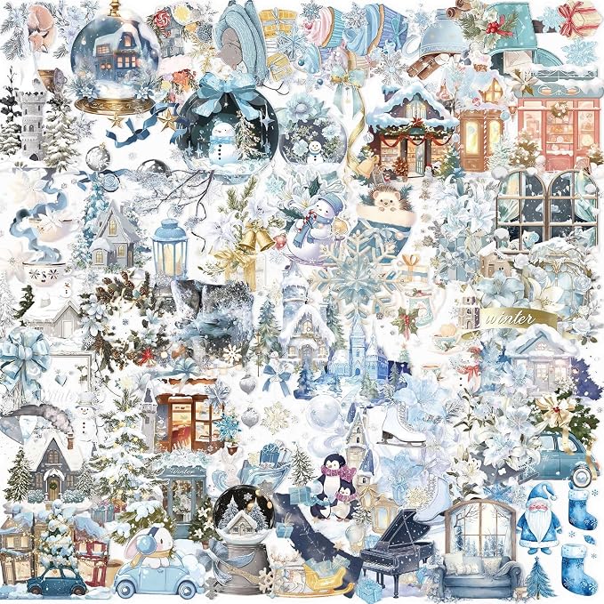 50 Pcs PET Transparent Cartoon Winter Stickers, Waterproof Vinyl Winter-Themed Decals for Laptop Skateboard Luggage, Snowy Scene Stickers Gift for Kids Teens Adults (Winter Day)