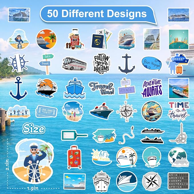 50 Pcs Cruise Travel Stickers for Scrapbooking, Waterproof Vinyl Nautical Ocean Stickers for Laptops Water Bottles Journals, Blue Aesthetic Cruise Ship Decals for Adults