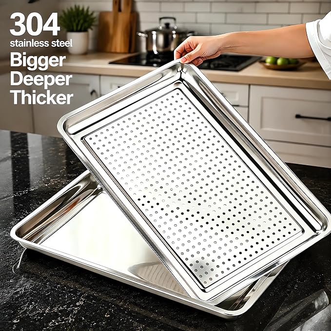 23.5"x15.5" 304 Stainless Steel Baking Pan & Crisping Tray Set | 2-Pack, Heavy Duty, Uncoated Non-Toxic, Commercial Grade, Deep Solid Pan & Perforated Tray, For Roasting Thawing Draining