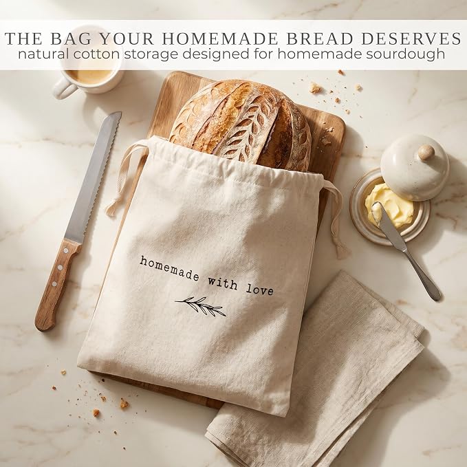 KIBAGA Beautiful Linen Bread Bag Set and Proofing Cover For Homemade Sourdough Bread - Keeps Your Loaf Fresh for Days - Reusable and Easy to Clean Storage Bag, The Perfect Baking Accessories