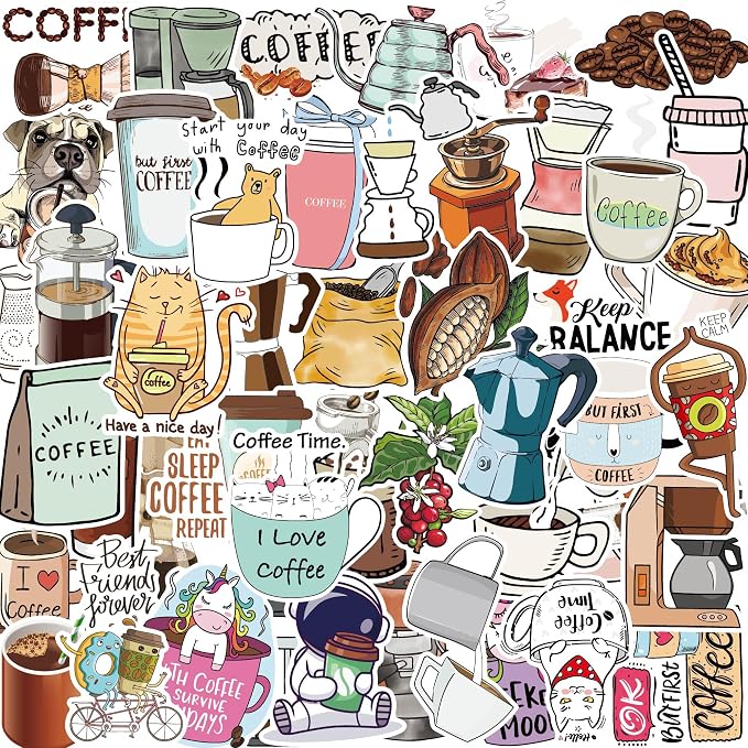 50 Pcs Coffee Stickers for Scrapbooking, Waterproof Vinyl Cafe Latte Espresso Aesthetic Stickers for Laptops Water Bottles Journals, Decorative Decals for Teens Students Adults