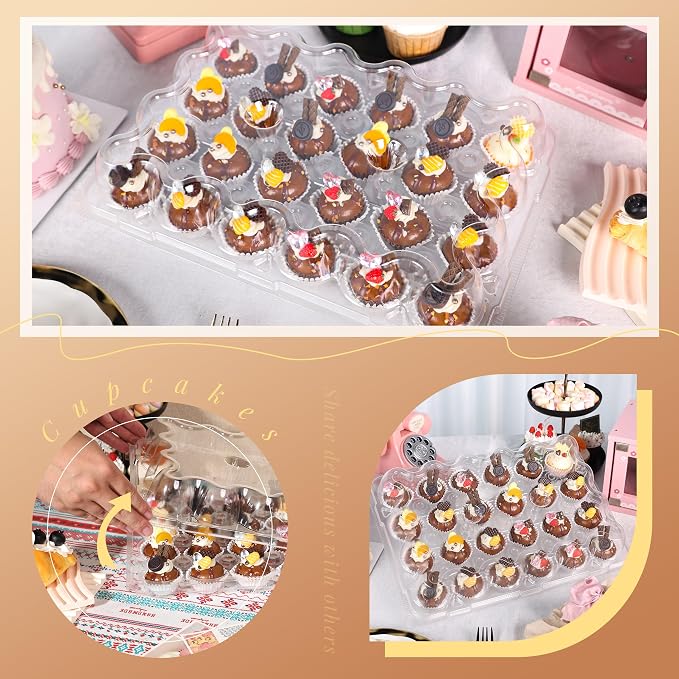Mini 24 Count Cupcake Containers 15 Pack with 360 Pack Cupcakes Liners, Plastic Cupcake Holder, Stackable Mini Cupcake Boxes Carrier, Clear Disposable Cupcake Trays, High Dome