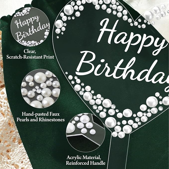 Coucoland Happy Birthday Cake Topper - Heart Acrylic Cake Decor with Sparkling Rhinestones and Pearls for Party Supplies