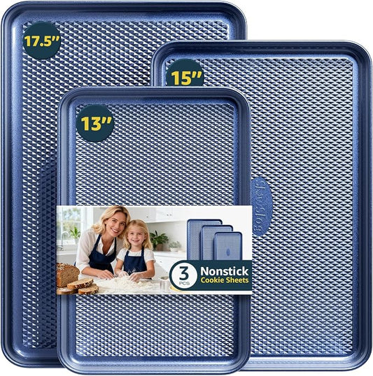 3Pcs Nonstick Baking Sheet, Baking Sheet Pan Set, Jelly Roll Pans, Cookies Sheet for Baking, Cookie Sheet Pan with Diamond Texture, Blue