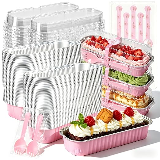 NPLUX Mini Cake Pans with Lids, Spoons and Stickers, 200 Pack 6.8 oz Pink Disposable Aluminum Foil Baking Pans, Rectangular Mini Loaf Containers for Brownies, Cheesecake, Banana Bread and Bake Sale