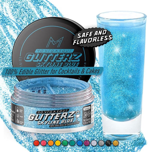 MONÉGASQUE Skyline Blue Edible Glitter for Drinks 10g – Blue Edible Glitter for Cakes & Cupcakes - Champagne & Cocktail Drink Flakes - 4th of July Food Decorating Sprinkles & Cake Decorations Spray