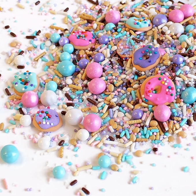 Sprinkle Pop Donut Sprinkle Mix| Lavender White Gold Pink Blue Sprinkle Mix with ~6 Sprinkled Donuts Royal Icings| Birthday Decorating Sprinkles Made in USA for Cupcakes Cakes Cookies Donuts, 2oz
