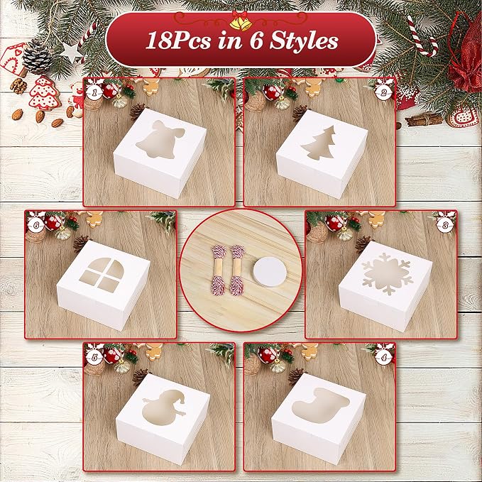 COTOPHER 18Pcs Christmas Cookie Boxes with Window, 6x6x3 inch White Bakery Boxes for Gift Giving, Small Treat Boxes for Cake Donuts Chocolate Strawberries Pastries Muffins
