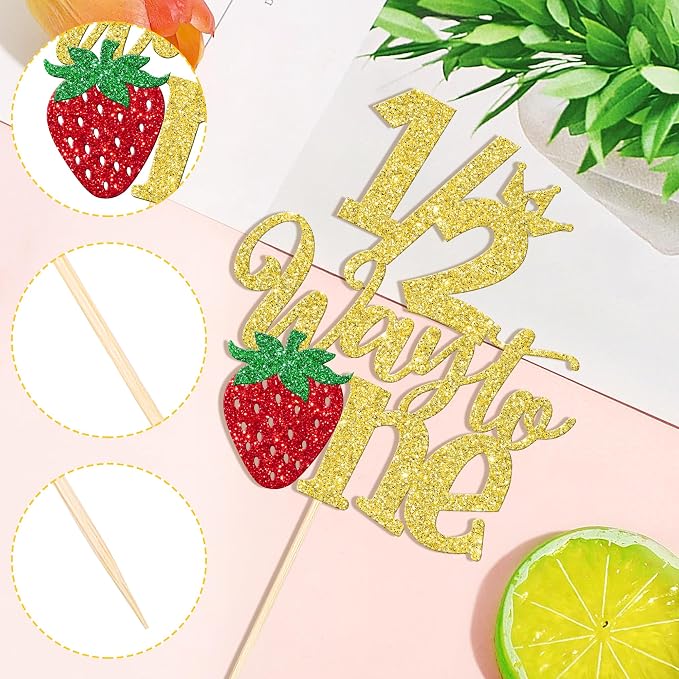 1 PCS Strawberry Half Way to One Cake Topper Glitter Happy 6 Months Birthday Cake Pick 1/2 Berry Sweet Half Birthday Cake Decoration for Strawberry Theme Baby 6 months Birthday Party Supplies Gold
