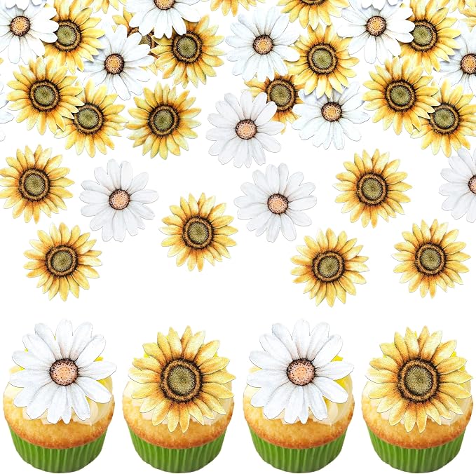 60 PCS Edible Sunflower Cupcake Toppers Edible Flowers Cake Decorations Wafer Paper Sunflower Party Decorations for Baby Shower Birthday Party Cake Toppers Food Decorations Supplies Yellow White