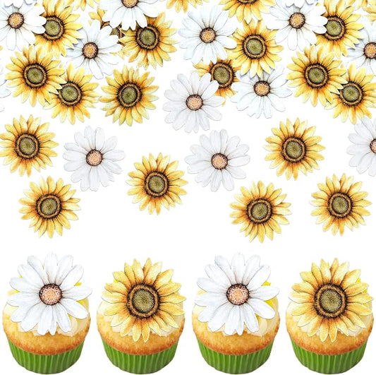 60 PCS Edible Sunflower Cupcake Toppers Edible Flowers Cake Decorations Wafer Paper Sunflower Party Decorations for Baby Shower Birthday Party Cake Toppers Food Decorations Supplies Yellow White
