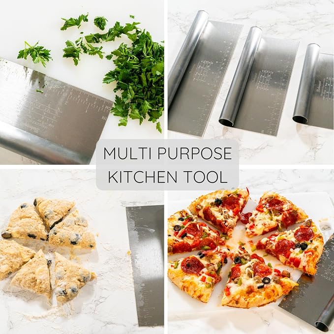 Bakerpan Stainless Steel Heavy Duty Dough Cutter, 3 Size Set - Metal Bench Scraper Kitchen Utensils, Chopper, Pizza and Pastry Cutter Tool, 10, 8, 6 Inch