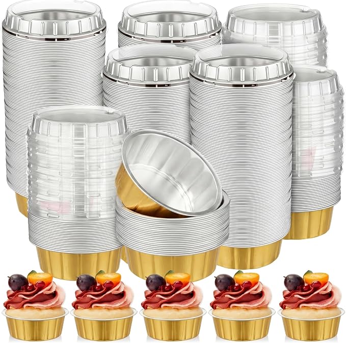 Tessco for you 200 Pcs Disposable Ramekins with Lids 8 oz Creme Brulee Ramekin Aluminum Foil Cup Cupcake Liner Baking Valentines Disposable Muffin Tin Pan Cheesecake Container (Gold,Silver)