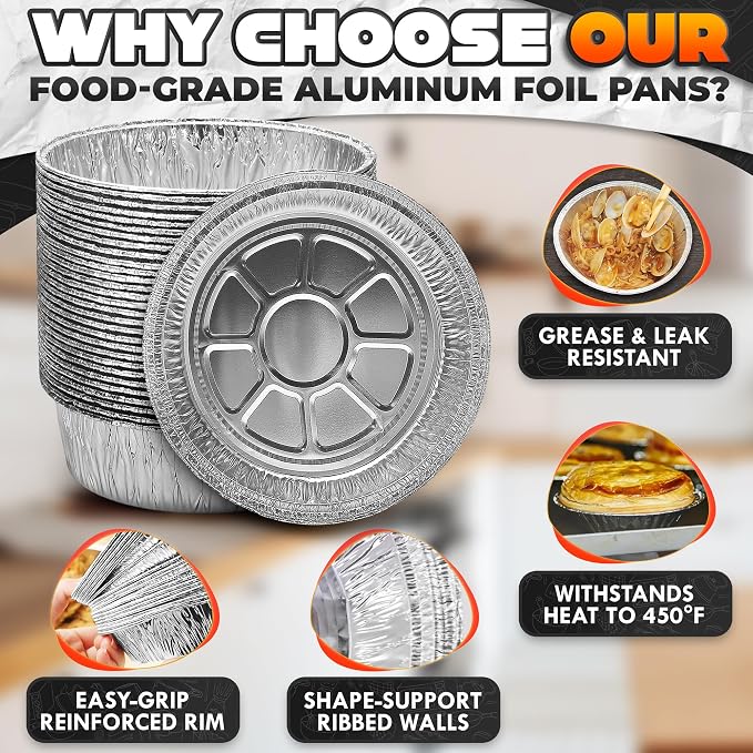 Round Foil Cake Pans – 50 Pack 6" Reusable Aluminum Baking Pans | Stackable, Grease-Resistant for 4th of July Holiday Baking, Tarts, Cheesecakes, Freezer & Storage Use | Great Gift for Bakers & Chefs
