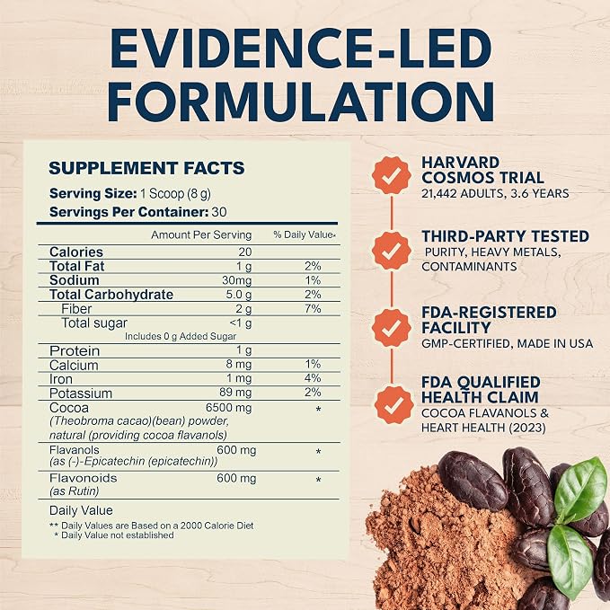 High Flavanol Cocoa Powder Supplement, Cocoa Flavanols & Flavonoids, 30 Servings to Support Heart Health, Blood Flow & Nitric Oxide, Dark Cocoa Flavor