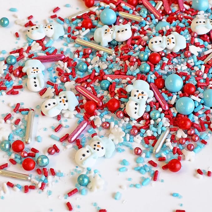 Sprinkle Pop Oh Snow Cute Sprinkle Mix| Red White Icy Blue Sprinkles with ~10 Cute Snowmen Royal Icings & White Snowflakes| Christmas Sprinkles Made in USA for Decorating Cakes Cupcakes Cookie, 4oz