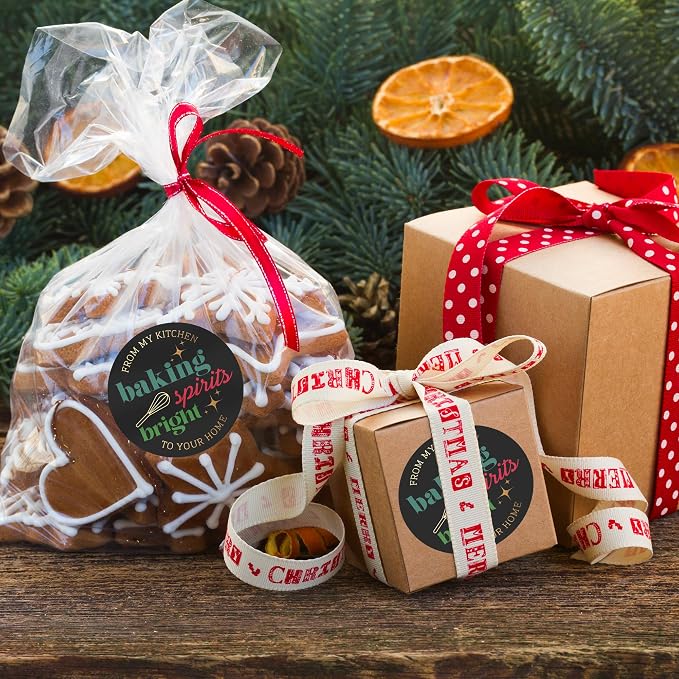 Mobiusea Creation Christmas Bakery Stickers | Christmas Decoration | 1.4 inch | Gold Foil | Inspirational Positive Word | Waterproof | 90-Pack for Cookies, Bakery Box