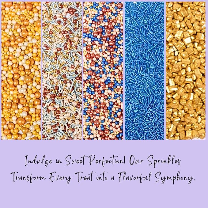 Confect Cake Decorating Sprinkles |Edible Pearl Sprinkles | Mix Gold White Blue & Yellow Pearl Dragees | Blue Jimmies | Gold Sparkling Sugar | Glam Sprinkles | Vegan, Gluten-Free, Nut-Free, Soy-Free, Dairy-Free, Palm Oil-Free - 5 Oz