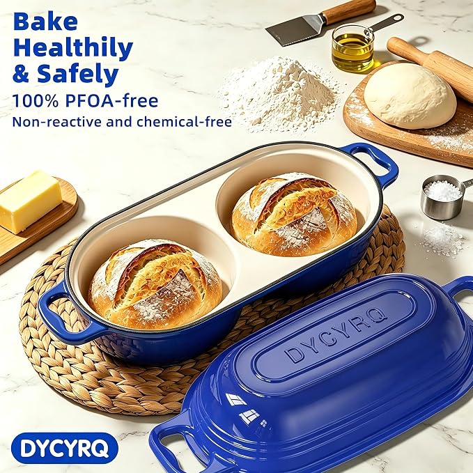 Dutch Oven For Sourdough Bread Baking – Enameled Cast Iron Dutch Oven Pot with Lid, Double Bread Loaf Pan – 500°F Oven Safe Non Stick Bread Pot for Homemade Bread, Meatloaf, Cake, Round Loaf Space, Even Heating–Dark Blue