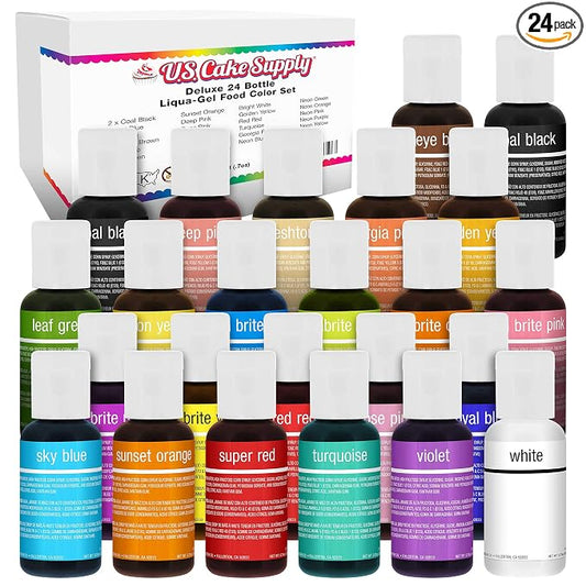 24 Color Cake Food Coloring Liqua-Gel Decorating Baking Primary & Secondary Colors Deluxe Set - U.S. Cake Supply 0.75 fl. oz. (20ml) Bottles - Made in the U.S.A.