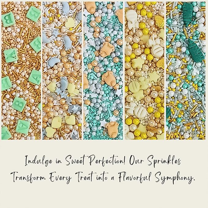 Confect Baby Shower Sprinkles | Gender Reveal Sprinkles | Gold, Silver, Mint Green & Pearl Dragees | Mix Silver Baby Feet & Feeding Bottle Sprinkle | Vegan & Gluten Free - 5 Oz