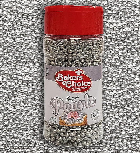 Baker's Choice Edible Pearls - Pearl Sprinkles - Metallic Silver Sugar Pearls - Dairy Free - Kosher - 3 oz.