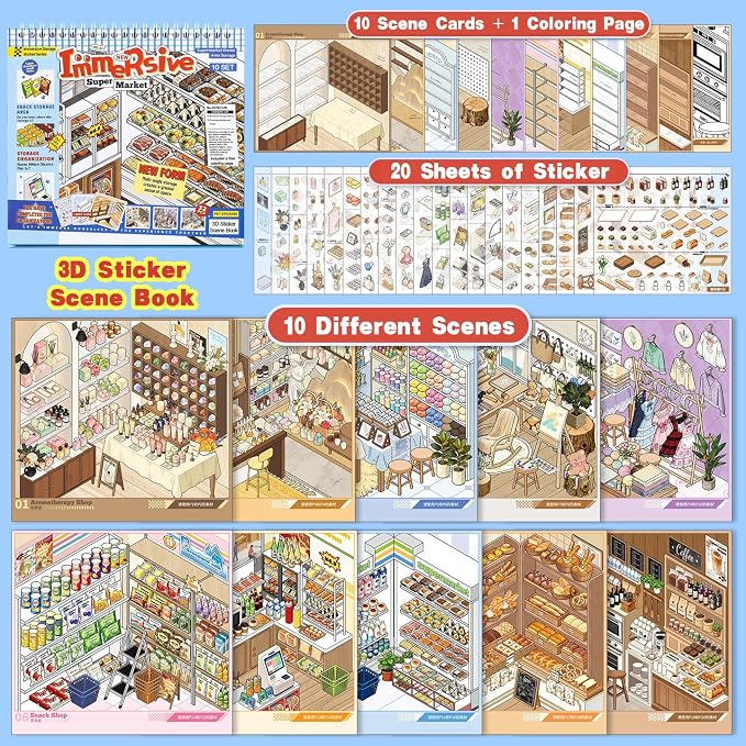 10 Sets Big DIY 3D Sticker Scene Book for Kids Adults Make Your Own Shop House Stickers with guidelines for Gifts Stickers Therapy for Adult Relief Stress Pass The Time Supermarket Bakery Toy (Store)