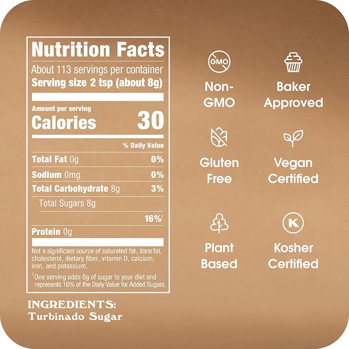 In The Raw Granulated Turbinado Cane Sugar, No Erythritol, Pure Natural Sweetener, Hot & Cold Drinks, Coffee, Cooking, Baking, Vegan, Gluten-Free, Non-GMO, Bulk Sugar, 2lb Bag (12-Pack)