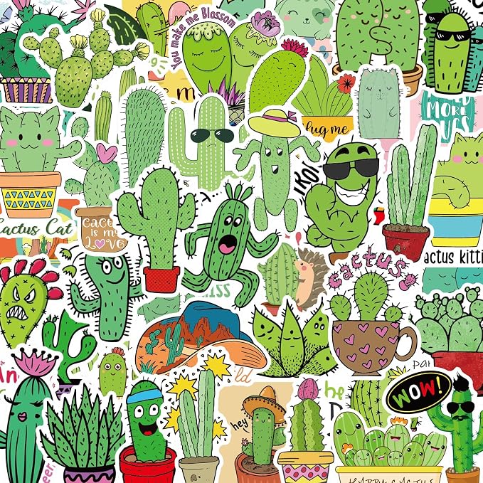 50 Pcs Green Cactus Stickers for Water Bottles, Waterproof Vinyl Cute Plant Stickers for Scrapbook Laptops, Green Decorative Decals for Kids Boys Girls Teens