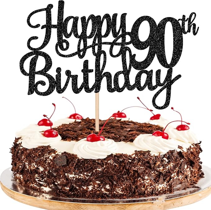 1 PCS Happy 90th Birthday Cake Topper Glitter Cheers to 90 Years Birthday Cake Pick 90 Fabulous Cake Decoration for Happy 90th Birthday Theme Party Decorations Supplies Black