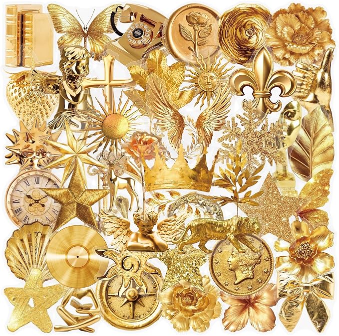 Luxury Gold Aesthetic Stickers, 50Pcs Vintage Golden Waterproof Vinyl Decals for Water Bottles, Laptop, Phone Case, Scrapbook, Journal - Retro Butterfly, Heart, Rose, Teens Adults(colourful-B14)