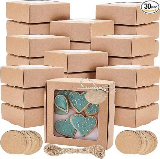 30PCS Cookie Boxes Brown with Window - 4 x 4 x 1.2 Inch Sturdy Packaging for Baked Goods Small Bakery Containers for Pastries Gift Giving Bulk Food Storage Rustic Display for Treats and Desserts