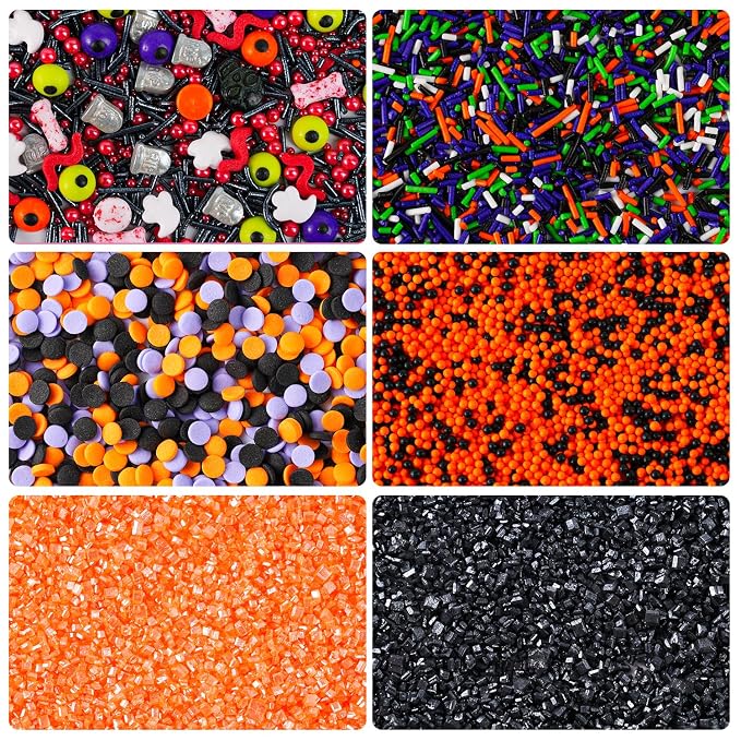 Halloween Sprinkles Mix - 6.35 oz 6 Variety Packs | Candy Eyeballs, Skull, Ghost, Tombstone, Black Orange Purple Green Nonpareils, Jimmies, Confetti & Sanding Sugar for Cake Decorating Cookies Cupcake Spooky Party