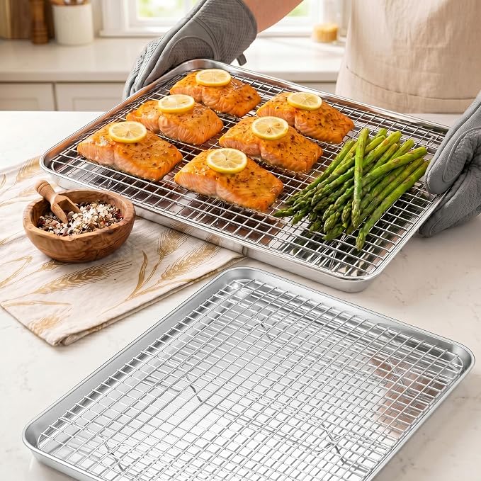 Homikit Jelly Roll Pan with Cooling Rack Set (2 Pans+2 Racks), 16" x 12" Stainless Steel Baking Sheet Tray with Wire Grid Rack, Cookie Bacon Pan for Oven Cook Roast, Rust Proof & Nonstick