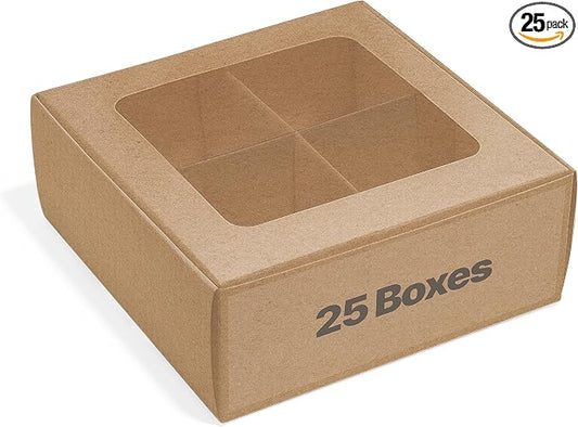 25 pcs Kraft Mini Cookie Boxes for 4 treats with Window and Dividers, Kraft Bakery Boxes, 6 x 6 x 2.4 Inches SMALL Baking Boxes, Square Cookies Box Decorating Supplies for Gift Giving