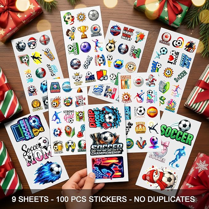 100 PCS Soccer Stickers Pack, Football Ball Sport National Flags | Vinyl Waterproof Decals Gift for Men Teens Adults Boys - Funny for Water Bottle Laptop Wall Scrapbook Luggage Birthday Decor