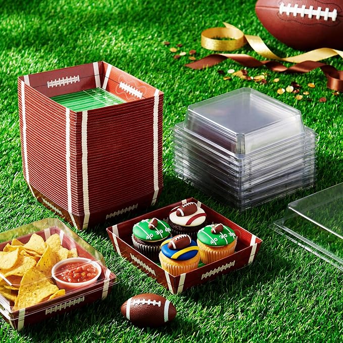 Potchen 50 Pack Bakery Boxes with Clear Lids, Disposable Charcuterie Treat Boxes for Cookies, Donuts, Cupcakes, Candy and Mini Cakes, Party Favor for Wedding and Gift Giving(Football)